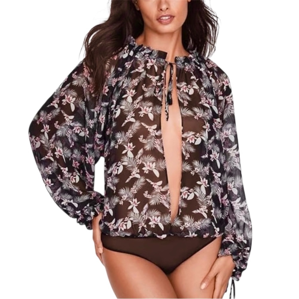 Victoria's Secret Floral Tie Front Bodysuit long sleeve Sheer Top size XS